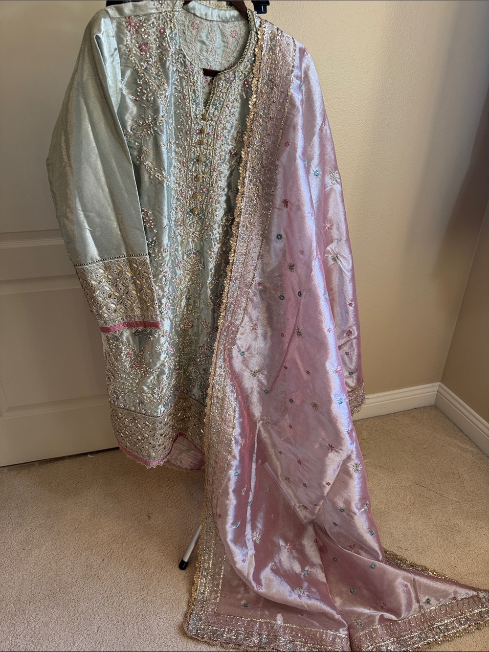 MUSHQ Embellished silk dress in Shimmering Aqua silver&tissue heavy work dupatta